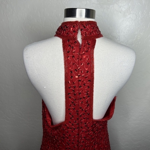 Scala Vintage 80s Red Beaded Sequin Slit Evening Dress Gown L - Picture 7 of 9